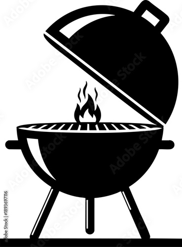 Barbecue grill icon with flame showing outdoor cooking, summer party and picnic concept