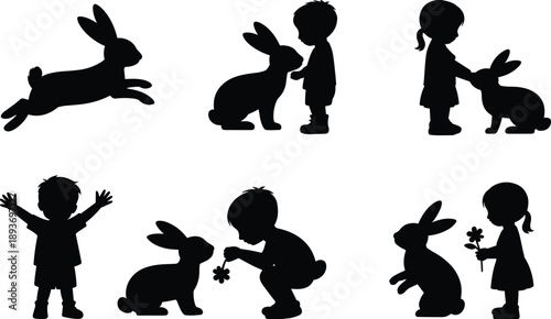 child rabbit silhouette, animal interaction, black and white, gentle moment, silhouette artwork, nature bond, kid and bunny, silhouette set, playful sketch, 