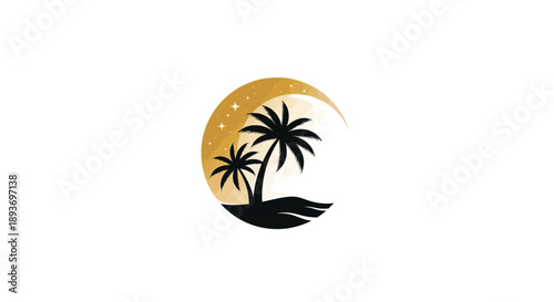 Tropical Night Scene with Palm Trees and Moon.