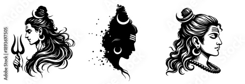 Lord Shiva Head Illustration Set in Black and White with Trishul Hand Drawn Style