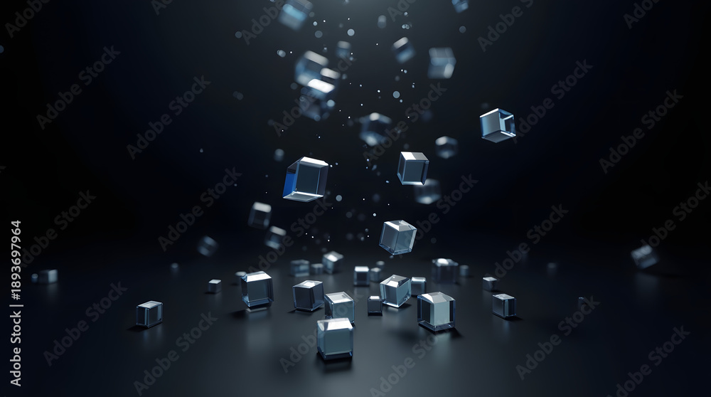 Obraz premium Floating transparent cubes in a dark space, creating a futuristic and abstract atmosphere.