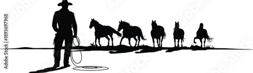 cowboy silhouette, horse lineup, western scene, black and white, ranch life, lasso pose, rural sketch, cowboy and horses, silhouette artwork, equestrian theme, 