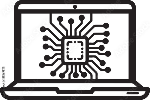 Laptop with microchip on screen displaying circuit connections viewed from the front eps file 