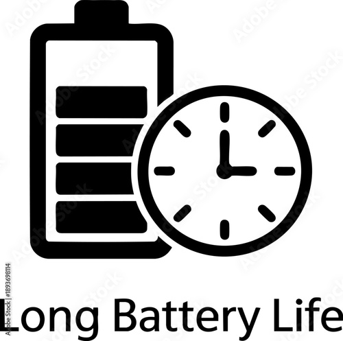 Battery and clock icon depicting long battery life, efficiency and device power duration