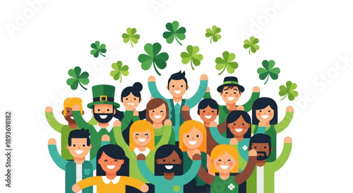 Diverse group of people celebrating st patrick's day with shamrocks and smiles on white background