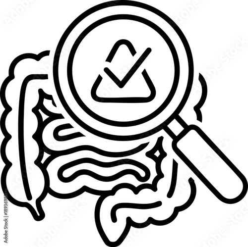 Digestive health icon with intestine and magnifier showing gut check and medical diagnosis