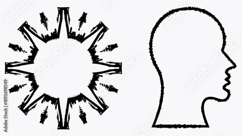 Abstract human face silhouette with explosive burst of arrows on white background symbolizing ideas and creativity
