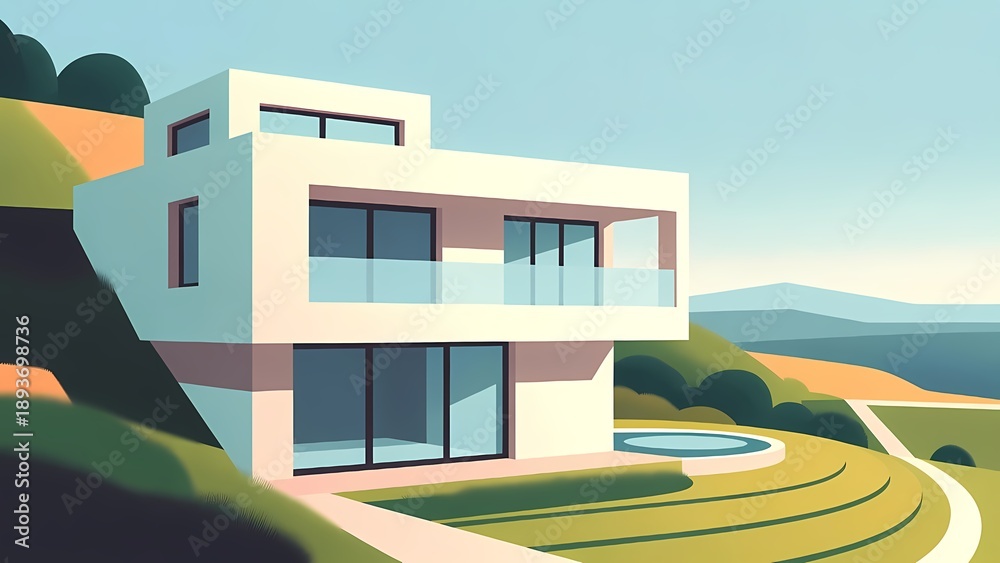 Fototapeta premium Modern hillside villa with large glass windows overlooking the coast