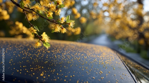 Golden flowers and dense pollen on car rooftop under bright sunlight along scenic tree-lined road