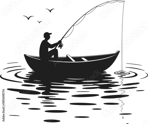 fishing silhouette, rowboat scene, black and white, peaceful lake, nature sketch, silhouette artwork, outdoor activity, fisherman illustration, water 