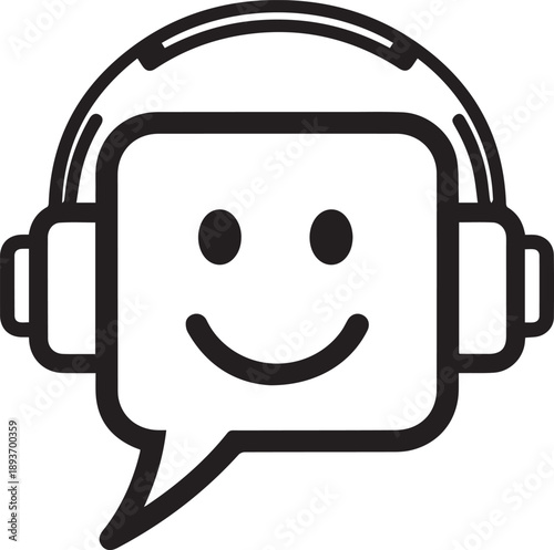 Smiling speech bubble character with headphones illustration on eps file eps, viewed from front