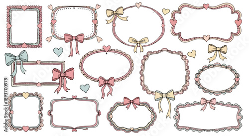 14 Hand-drawn decorative frames and bows vector collection. Includes oval, square, and rectangular frames with heart and lace details. Created in a doodle style with a pastel pink, yellow