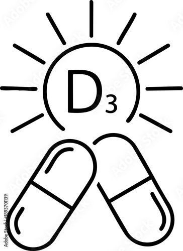 Vitamin D3 supplement icon with sun and capsules representing health and wellness