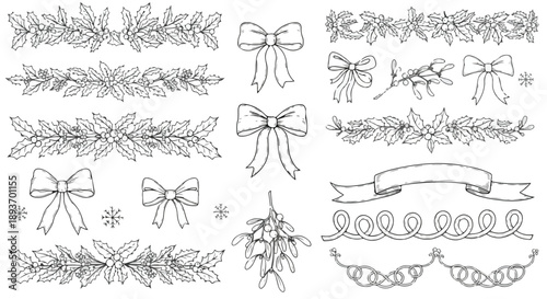 Christmas and New Year black and white line art vector collection. Includes 10 decorative borders, 6 bows, 2 mistletoe branches, and 2 snowflakes. Created in hand-drawn style with a monochrome