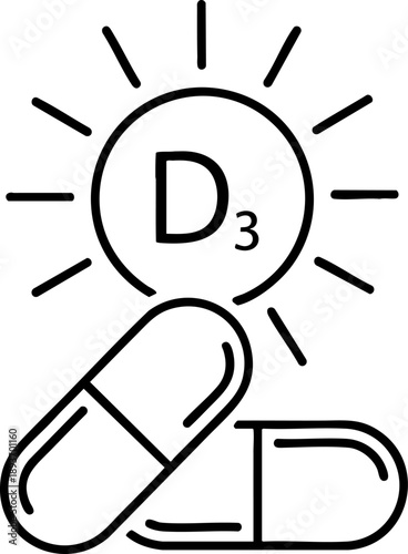 Vitamin D3 supplement icon with sun and capsules representing health and wellness