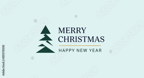 Merry Christmas Happy New Year greeting card with minimalist green tree and snowflakes on light blue background