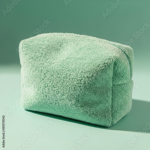 Soft Mint Green Terry Cloth Toiletry Bag on Teal Background makeup bag cosmetic bag
