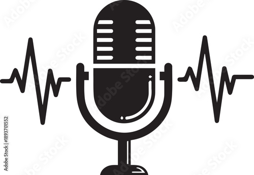 A detailed illustration of a microphone with sound waves emanating from it on a simple background eps file