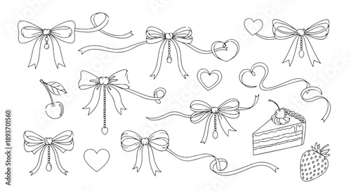 Outline bow and heart vector collection. Includes tied bows, ribbon swirls, heart shapes, a cherry, a strawberry, and a cake slice. Created in line art style with a black and white palette.