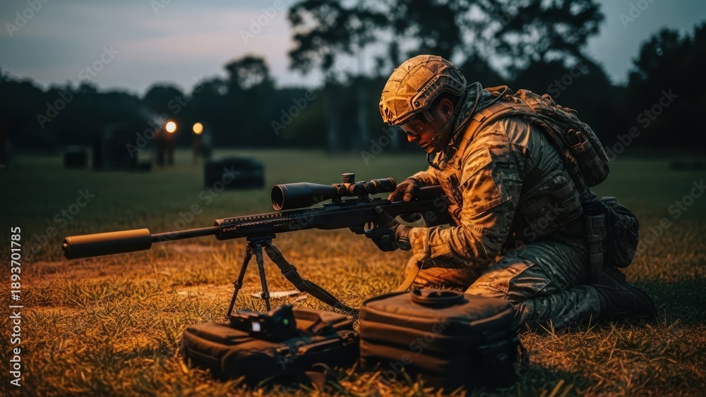 Fototapeta premium Soldier in camouflage uniform aiming a sniper rifle at dusk.