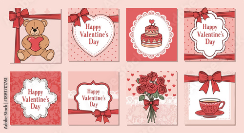 Valentine's Day greeting card collection. Includes teddy bear, heart, cake, roses bouquet, and teacup designs. Created in hand-drawn style with red and pink palette.