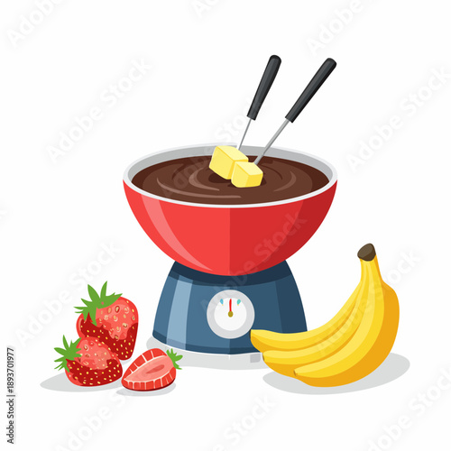Chocolate fondue setup in a cozy kitchen with a red pot, blue base, white dial, forks, strawberries, bananas, and melted chocolate