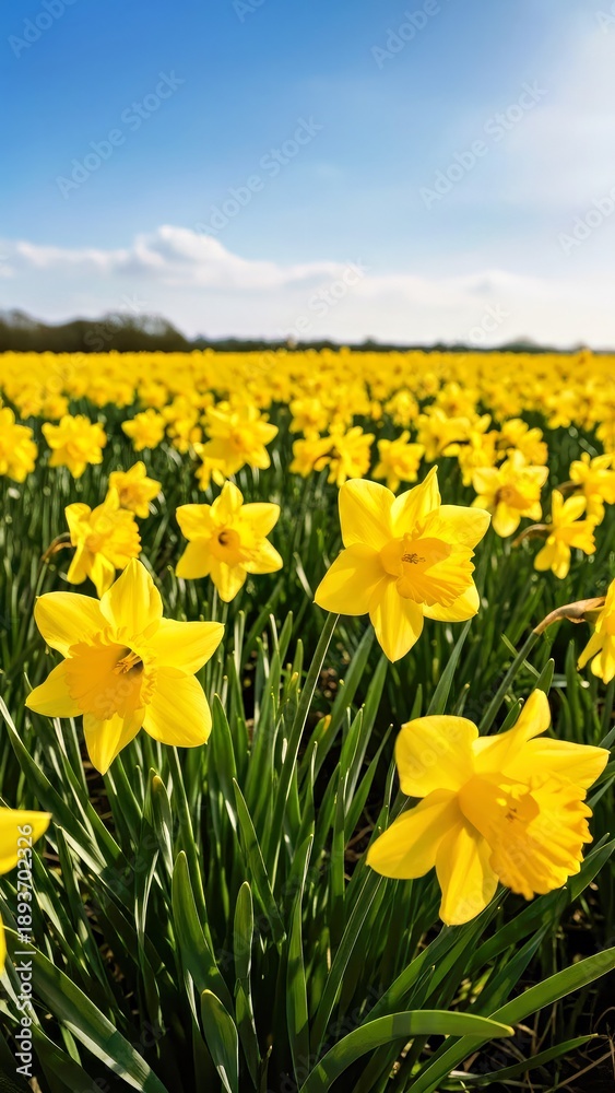Fototapeta premium Vibrant Yellow Daffodils Blooming in Large Field Under Blue Sky Springtime.jpg