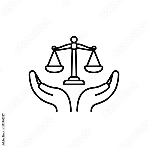 Ethics concept balance scale in caring hands black and white line art vector illustration
