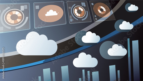 Vector illustration of real time cloud data monitoring with graphs and charts showing storage and analytics