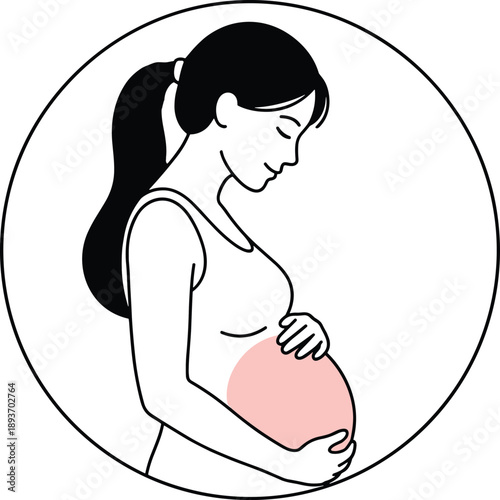 Stylized pregnant person vector in profile with ponytail and pink belly — modern illustration for motherhood, prenatal care, and maternal health themes