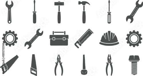 Hand Tools and Hardware Icon Set for Repair, Construction, and DIY Construction Tools Icons Set: Free Vector Pack, Essential Hand Tools List: Hammer Screwdriver Wrench Pliers Saw Toolbox and whit bag