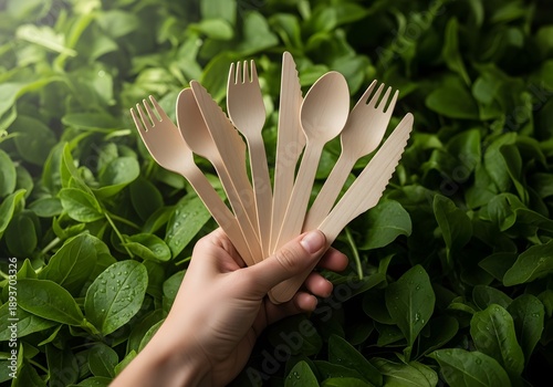 Hand holding biodegradable wooden cutlery
