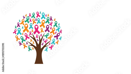 Tree made of various colorful awareness ribbons isolated on white for world health and cancer day banner with copy space