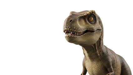 A dinosaur toy with a green screen background, looking forward with its mouth open.