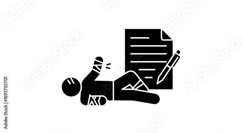 This striking black and white vector illustration depicts a person with a broken leg and arm, symbolizing workplace injury or accident compensation claims.