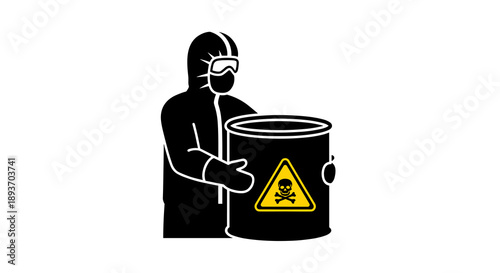 A person in a protective suit carefully handles a barrel marked with a biohazard symbol, illustrating critical safety protocols.