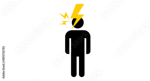 A striking black silhouette of a person with a bright yellow lightning bolt above their head, symbolizing a sudden idea, stress, or a headache.
