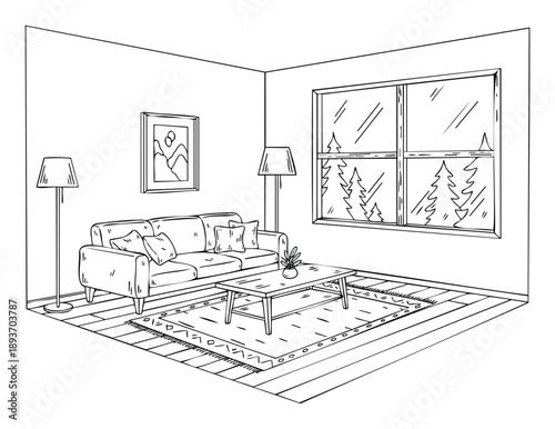 Detailed line drawing depicting a modern living room interior with a comfortable sofa, floor lamps, coffee table, and scenic window view of evergreen trees, useful for interior design or