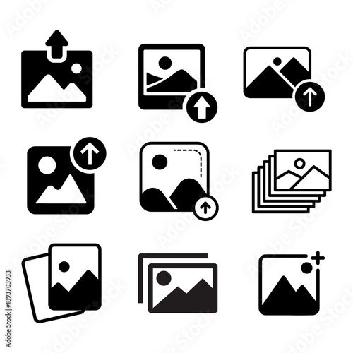 et of professional UI/UX icons for image uploading, photo gallery management, and digital file organization, featuring clouds, arrows, and picture frames in a flat black style.