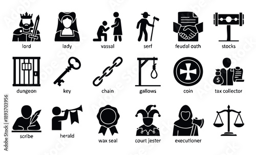 Feudal era medieval society characters, roles, and historical objects presented as a collection of black glyph icons suitable for educational content, game assets, and history themed
