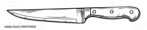 A detailed handdrawn outline sketch of a sharp utility knife featuring a serrated blade and handle rivets, perfect for culinary, cooking, outdoor adventure, or survival themed projects and