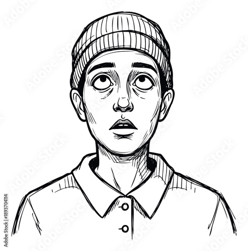 Young person wearing a beanie hat looking up with wide eyes and an open mouth, conveying intense surprise or wonder for visual communication projects.