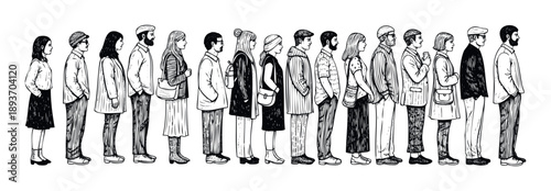 A diverse group of people of all ages and backgrounds standing patiently in a long queue or waiting line, useful for symbolizing community, anticipation, or orderly process applications