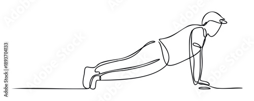 Dynamic continuous single line drawing depicting a person performing a rigorous pushup exercise, ideal for active lifestyle promotions, fitness challenges, or sports event branding.