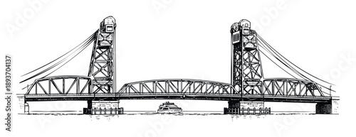 A detailed black and white drawing of a large industrial lift bridge spanning across a river with a small boat cruising underneath, perfect for transportation and infrastructure themed