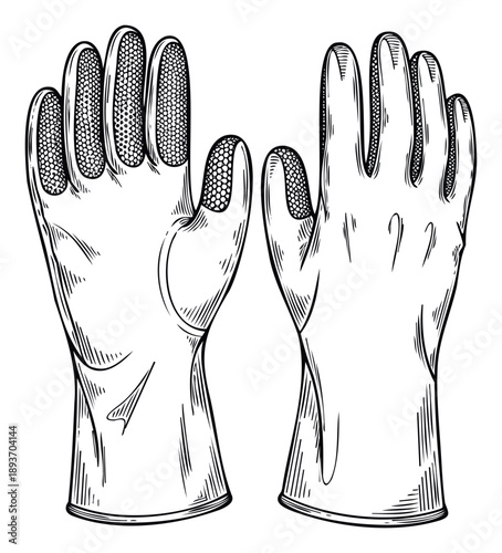 Classic protective rubber gloves featuring textured palms and fingers providing enhanced grip for various household chores, gardening, and industrial labor activities.