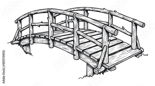 Rustic wooden bridge in a handdrawn black and white style provides a charming decorative element for garden designs, park signage, or naturethemed publications.