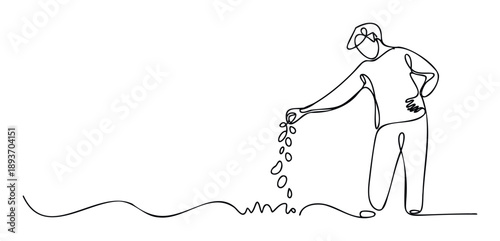 Minimalist continuous line drawing depicting a gardener or farmer sowing seeds by hand, perfect for projects related to agriculture, gardening, growth, and sustainable living