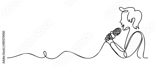Single line contour of an expressive individual performing with a microphone, suitable for entertainment industry branding, vocal coaching materials, or storytelling visuals