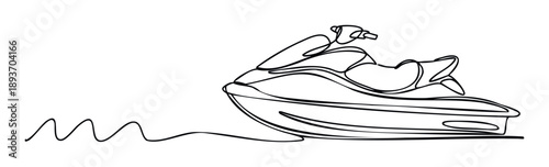 Continuous line drawing of a dynamic jet ski moving through wavy water, perfect for modern water sports event promotions, travel agency advertisements, and minimalist digital graphics.